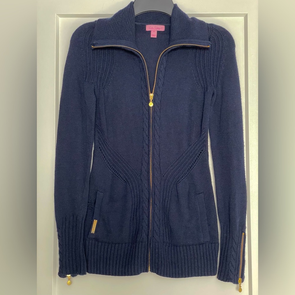 Lily Pulitzer navy blue zipper front waisted cardigan slim fit gold hardware XS